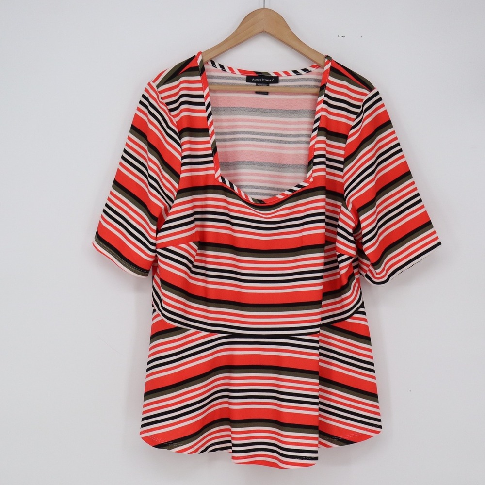 Ashley Stewart Top Womens 22/24 Peplum Square Neck Orange Striped Knit Excellent